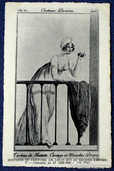 Antik divattörténeti francia képeslap metszet után  Párizsi hölgy viselete 1802-1803