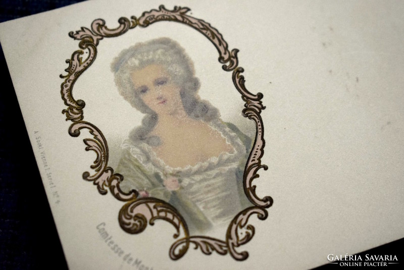 Antik dombornyomott  litho üdvözlő képeslap Madame Montespan portréja keretben