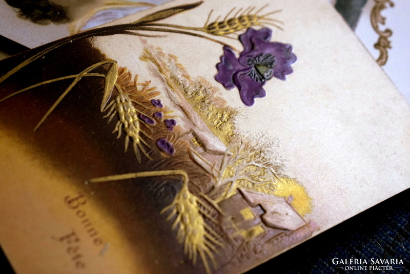 Antik szecessziós dombornyomott  litho üdvözlő  stilizált virággal arany kalász tájkép