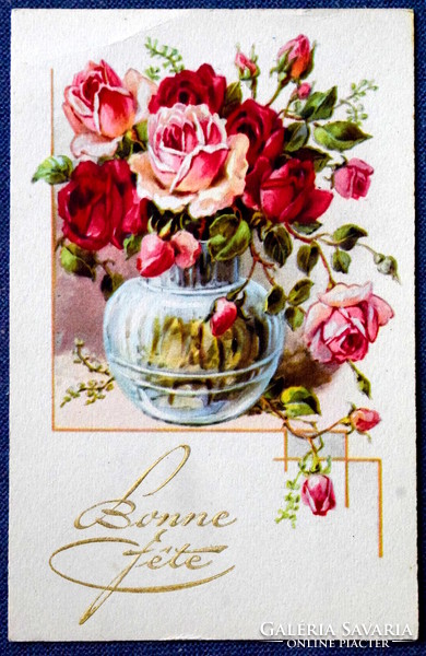 Régi grafikus üdvözlő képeslap  rózsa