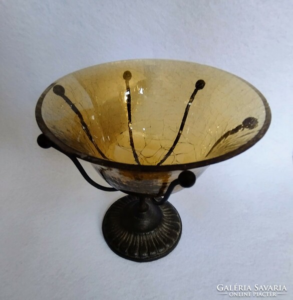 Veiled glass bowl with antique iron base