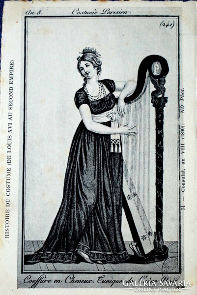 After an antique fashion historical French postcard engraving, a Parisian lady wears 1800