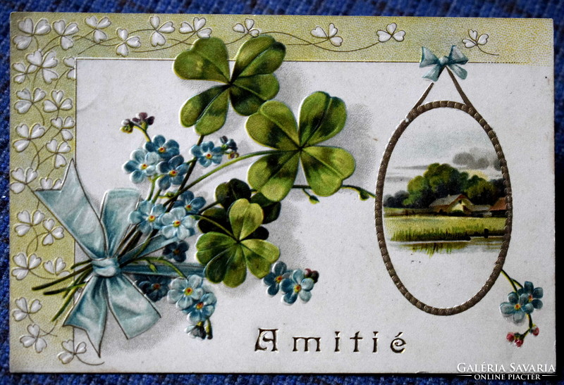 Antique embossed litho greeting card 4-leaf clover in medallion landscape