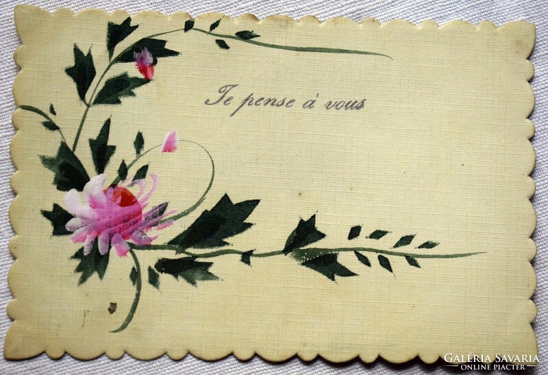 Antik cakkozott szélű kézzel festett üdvözlő képeslap  rózsa