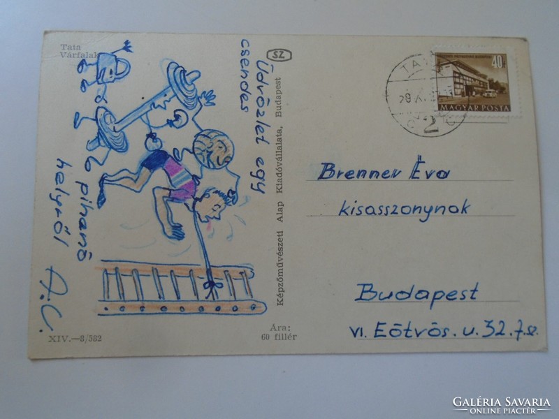 D197997    Képeslap  Tata Várfalak - humoros rajz az edzőtáborból  1959