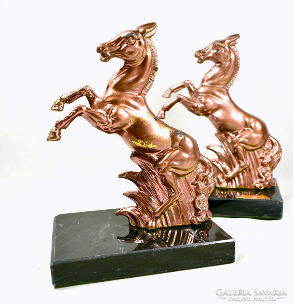 Marked French equestrian bookend with a pair of marble bases