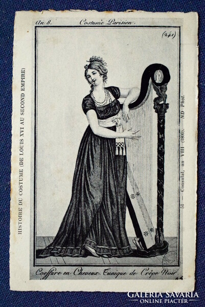 Antik divattörténeti francia képeslap metszet után  Párizsi hölgy viselete 1800