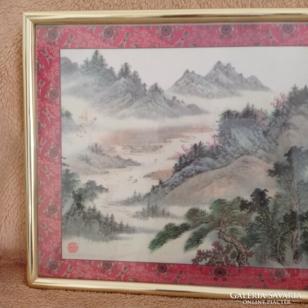 3 db aranykeretes, üvegezett kínai tájkép nyomat, 45 x 31,5 cm