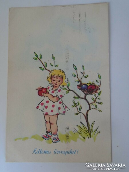 D198042 Húsvéti lap  - Kislány tojással  rajz Zombory Éva - Képzőművészeti Alap  1958