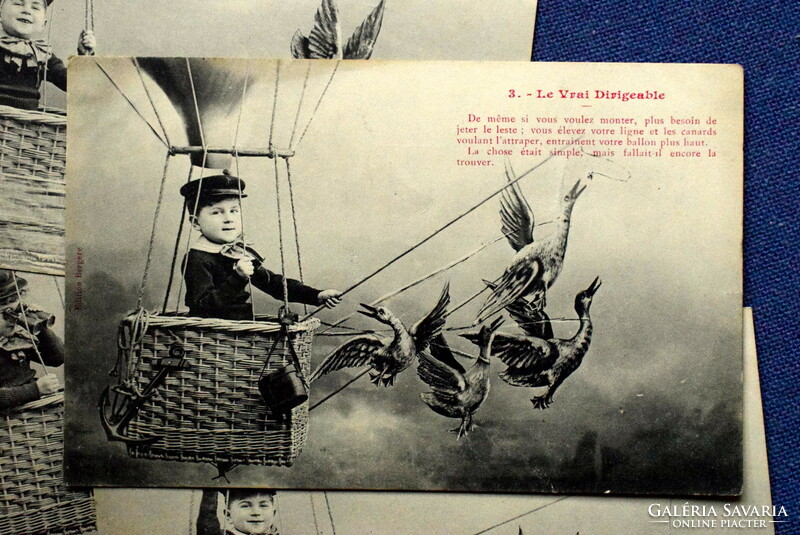 5 darab antik Bergeret humoros fotó képeslap sorozatból  kisfiú léghajón vadlibákkal