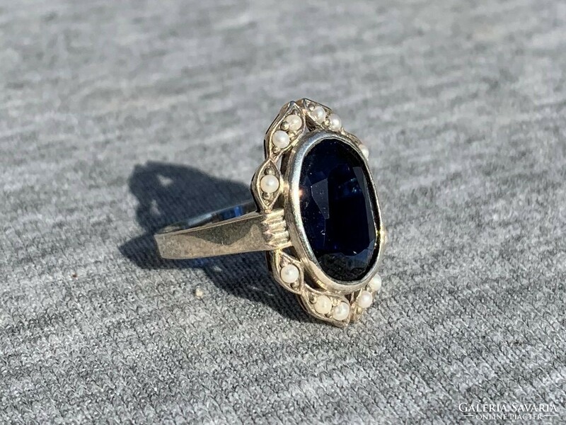 Női ezüst gyűrű kék zafír és gyöngy