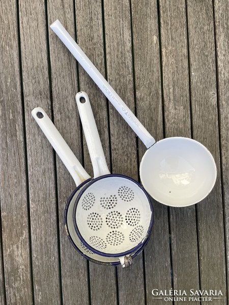 Old white enamel ladle, filter ladles
