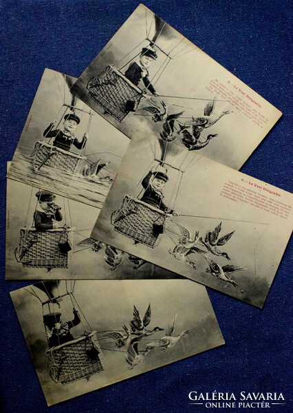 5 pieces from a series of antique Bergeret humorous photo postcards of a boy on an airship with wild geese