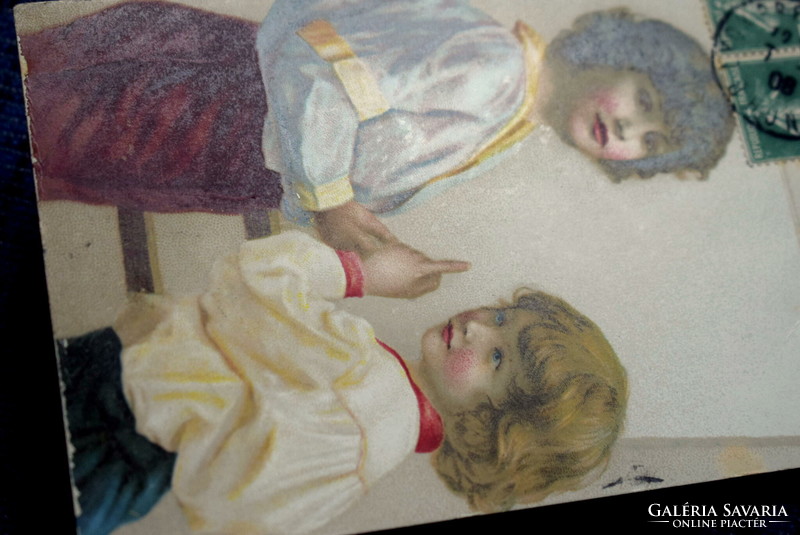 Antik litho képeslap gyerekek iskolatáblánál