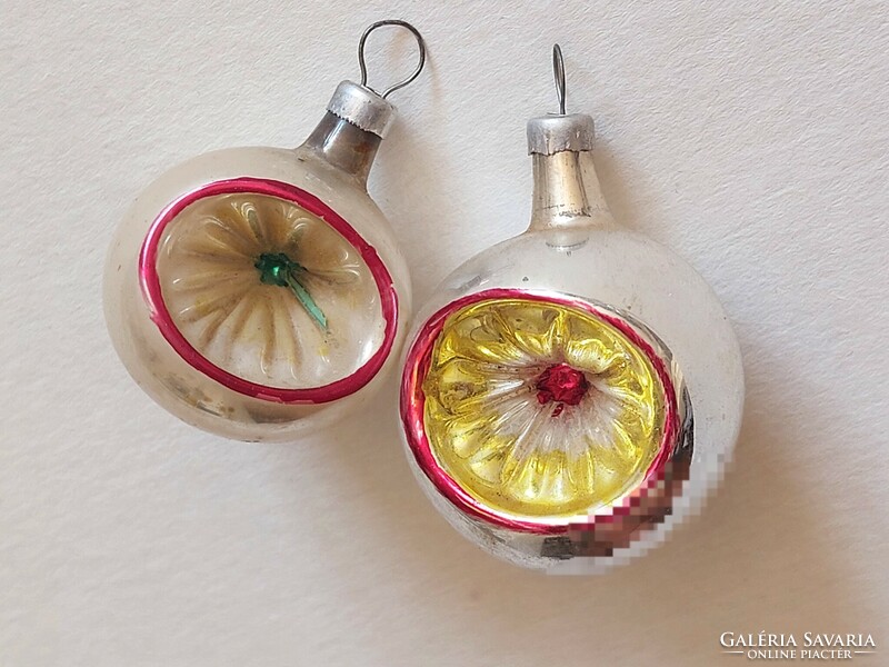 Régi üveg karácsonyfadísz mini behúzott gömb üvegdísz 2 db