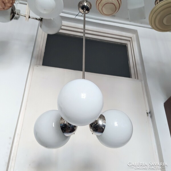 Bauhaus - art deco 3-arm, nickel-plated chandelier renovated - milk glass spherical shade