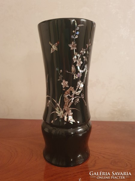 Old mother-of-pearl inlaid black lacquered wood vase 27 cm