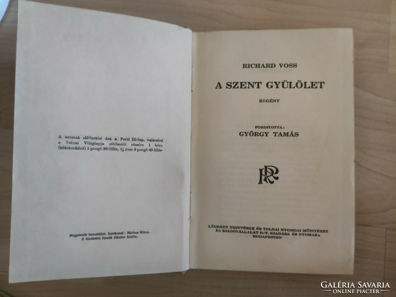 Richard Voss: A szent gyűlölet 1920-as kiadás / Ragyogó regénytár sorozatból