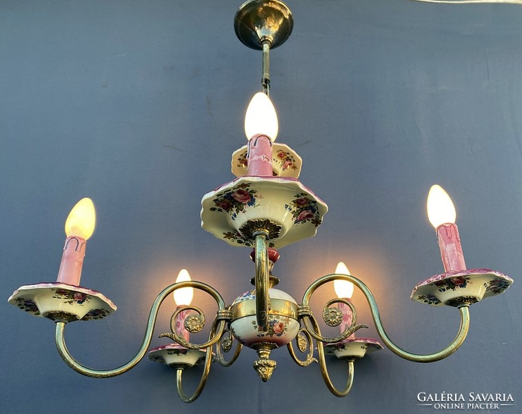 Red majolica painted chandelier, there is also a pair 1.