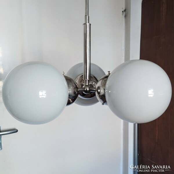 Bauhaus - art deco 3-arm, nickel-plated chandelier renovated - milk glass spherical shade