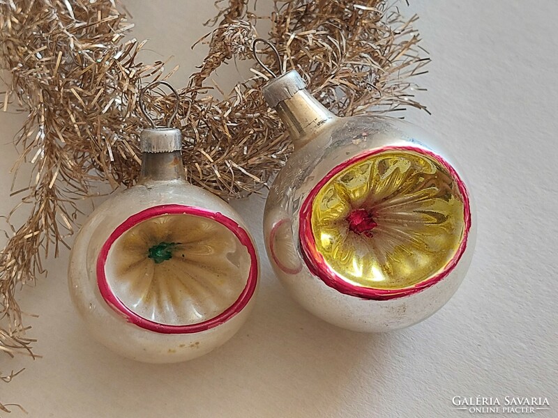 Régi üveg karácsonyfadísz mini behúzott gömb üvegdísz 2 db
