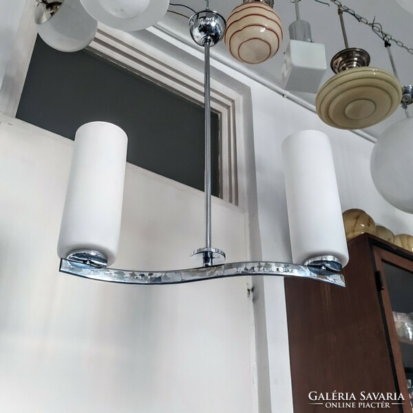 Bauhaus - art deco - streamline 2-burner, chromed chandelier renovated - frosted milk glass tube shade