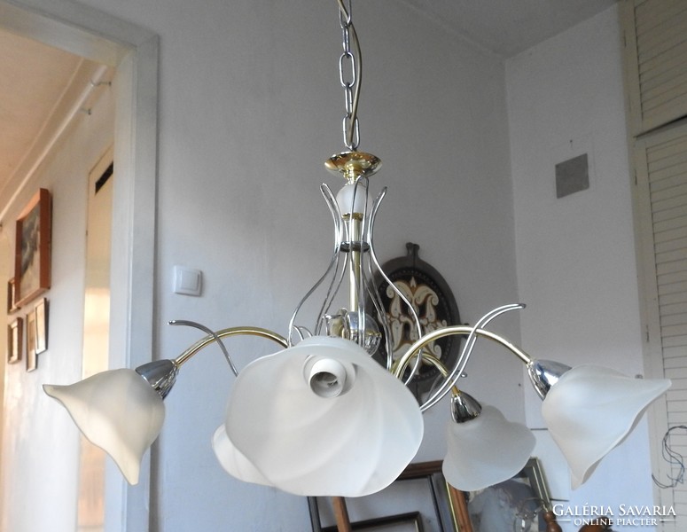 Eglo - elegant gold - silver five-pronged chandelier lamp with milk glass flowerpot with shades