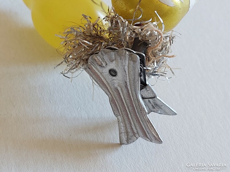 Old glass Christmas tree decoration with tweezers chick glass decoration yellow little birds