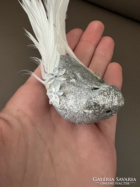Ezüst csiptetős madár karácsonyfadísz