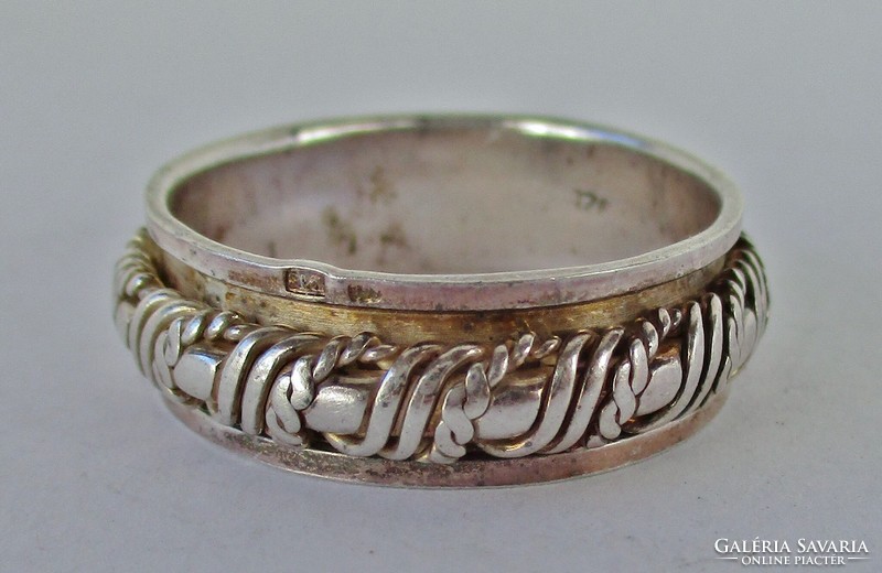 Silver hoop ring with a special pattern, with a rotating inner part