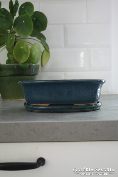 Bonsai bowl set - blue glazed, oval pot (beautiful flawless)