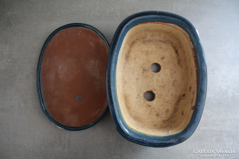 Bonsai bowl set - blue glazed, oval pot (beautiful flawless)