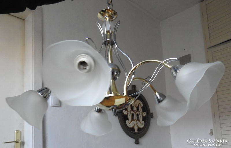 Eglo - elegant gold - silver five-pronged chandelier lamp with milk glass flowerpot with shades