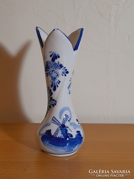 Vintage Delft kék holland porcelán váza, kézzel festett szélmalom motívum, jelzett: E.H.