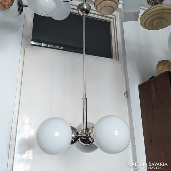 Bauhaus - art deco 3-arm, nickel-plated chandelier renovated - milk glass spherical shade