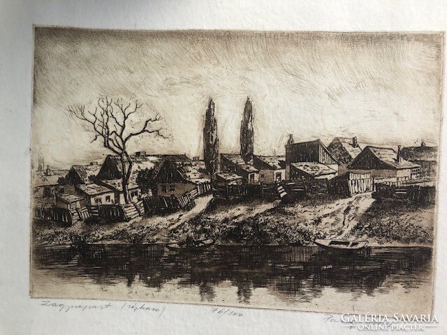 Etching signed by József Palitz from the mud bank, 25 x 40 cm.