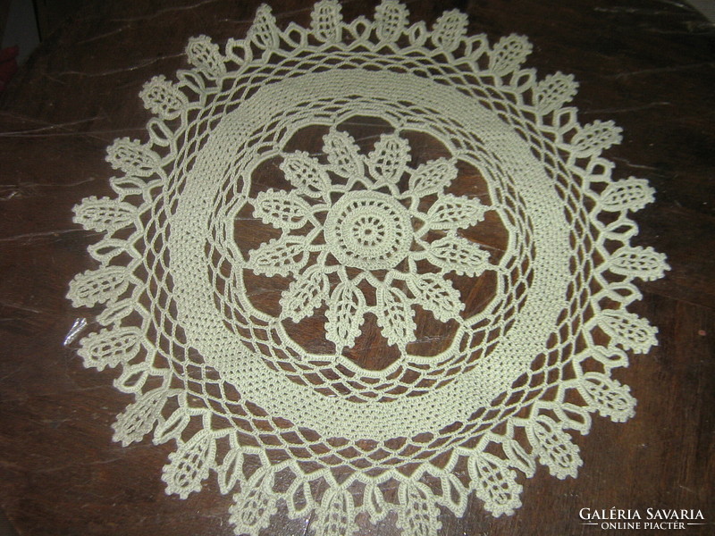 Beautiful hand crocheted antique pale green round lace tablecloth
