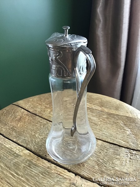 Art Nouveau-style oil or vinegar glass pourer with metal decoration