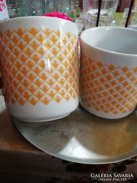 Retro porcelain mugs with yellow pattern in perfect condition