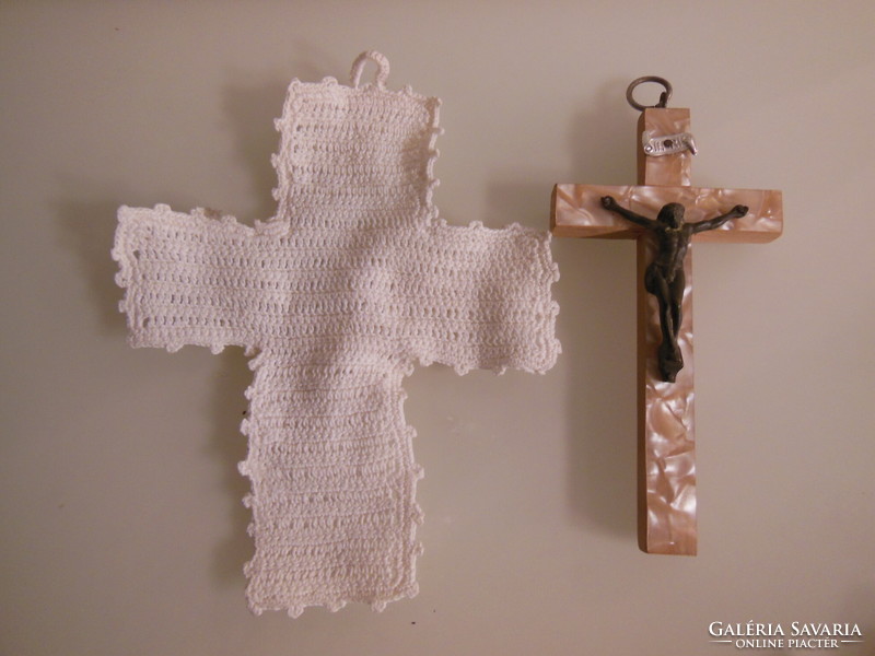 Crucifix + hand crocheted cross - Christmas tree decoration - old - Austrian - flawless