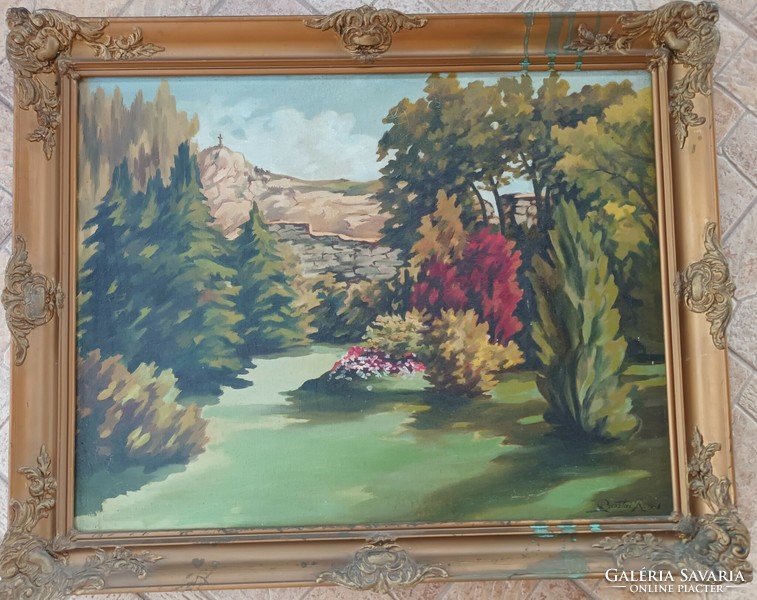 Blondel keretben antik olaj / vászon festmény - jelzett tájkép