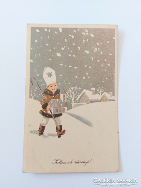 Régi karácsonyi képeslap 1956 rajzos levelezőlap betlehemes fiú