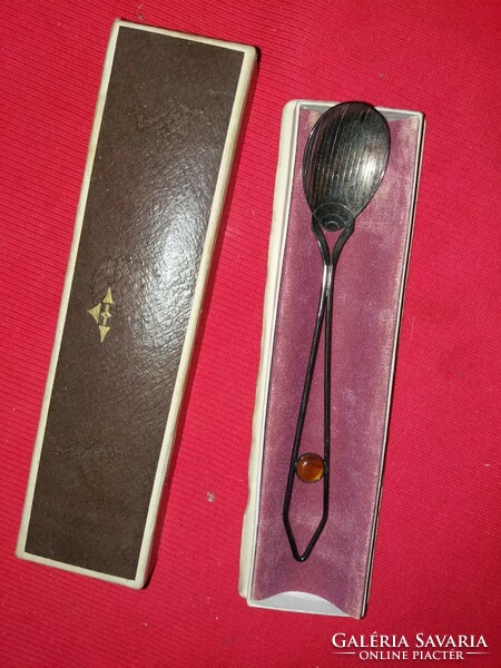 Antique Polish amber stone, silver-plated decorative spoon with velvet box as shown in the pictures