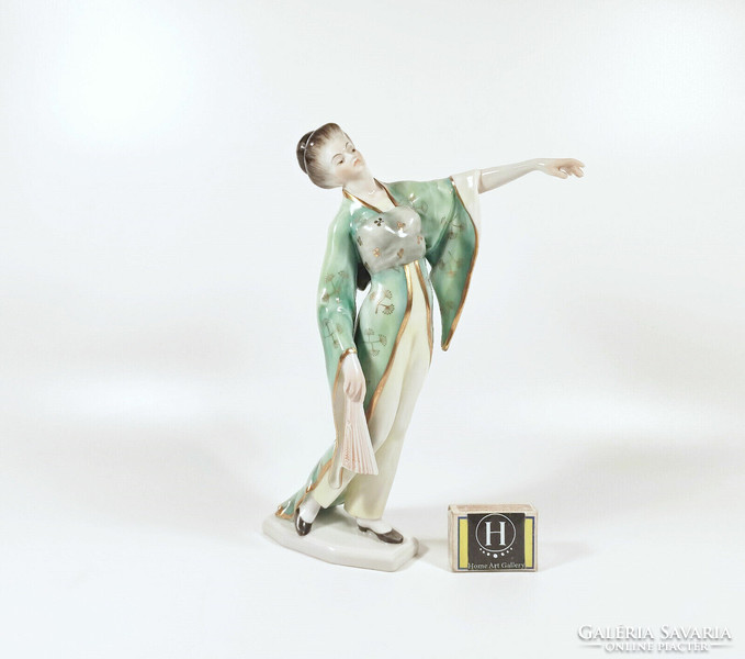 Herend Japanese geisha with fan, hand-painted porcelain figure 27 cm., Flawless (t009)
