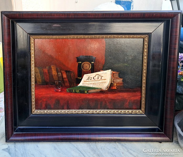 Still life in the evening with magazine, clock and books (old oil painting with frame)