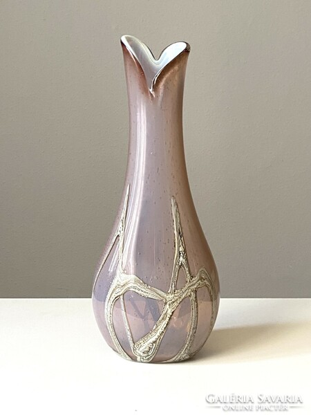 Retro design glass vase decorated with beige stripes and bubbles in a pink shade