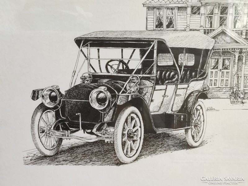 R. Allen retro tusrajz oldtimer automobil portré igényes keretben