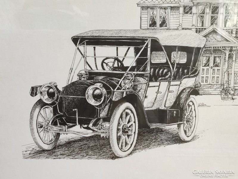 R. Allen retro ink drawing oldtimer automobile portrait in a sophisticated frame