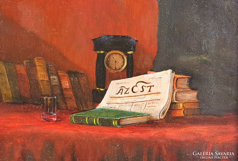 Still life in the evening with magazine, clock and books (old oil painting with frame)