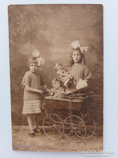 Old postcard photo postcard little girls pram toy dolls
